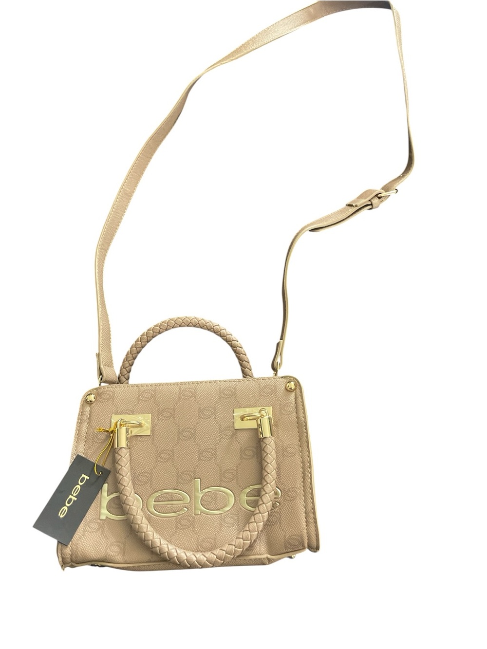 SOLD ELSEWHERE bebe Tan Logo Satchel with Braided Top Handle and Gold Hardware